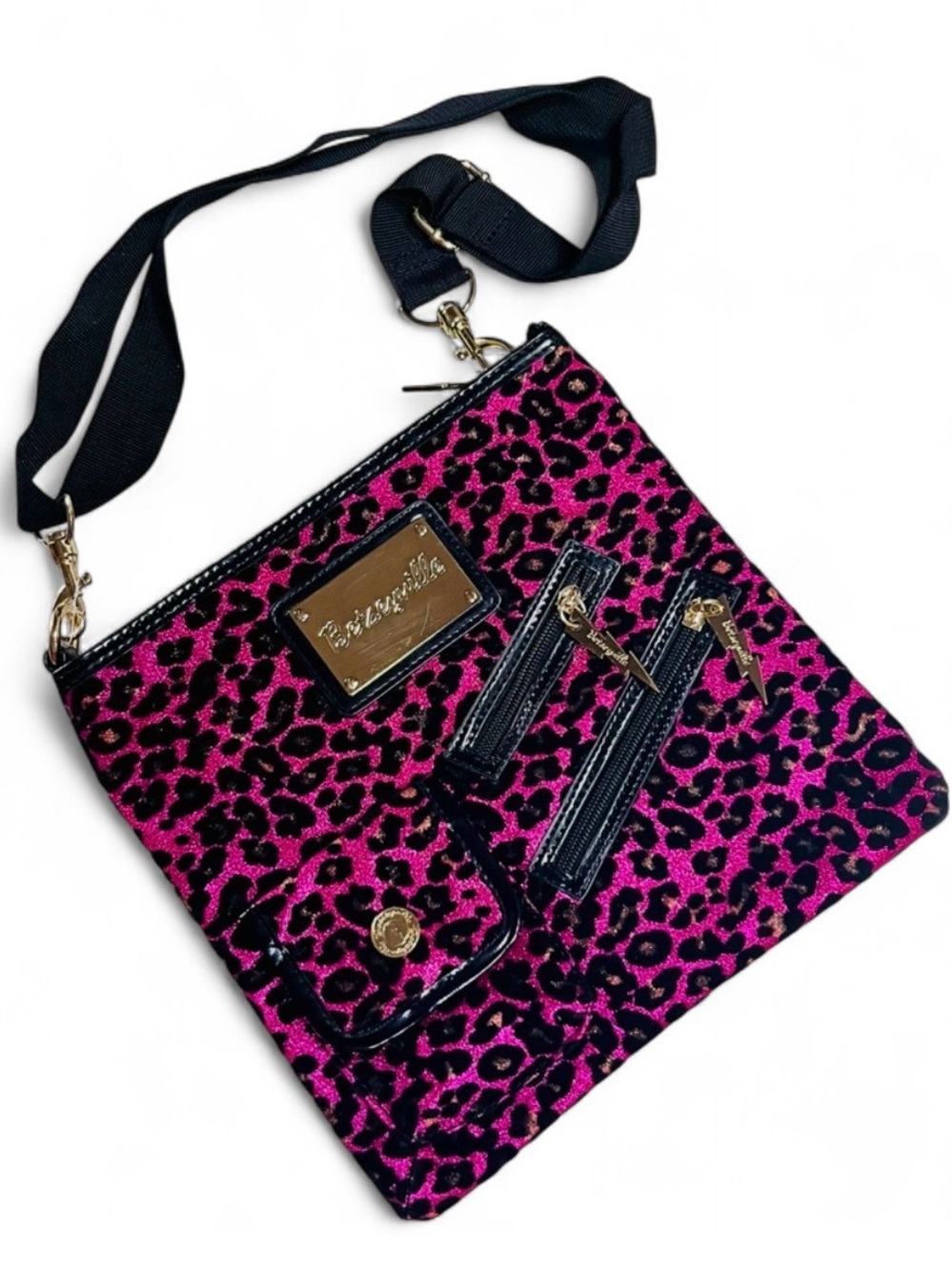 VTG Betsey Johnson BETSEYVILLE Hot Pink Velvet Leopard Crossbody 2008